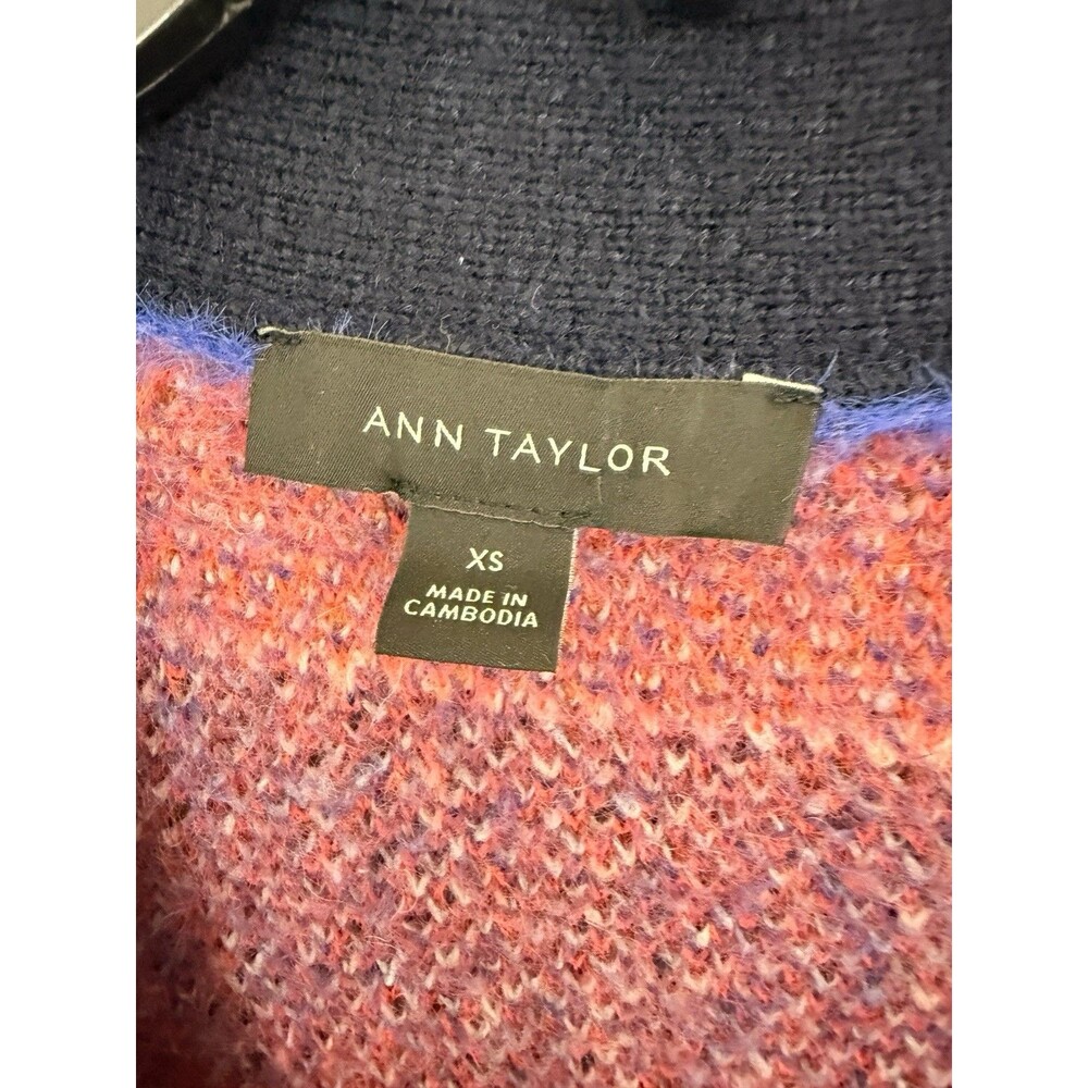 Ann Taylor Duster Cardigan Sweater Sz XS Plaid Long Boyfriend Button Purple - Picture 4 of 9